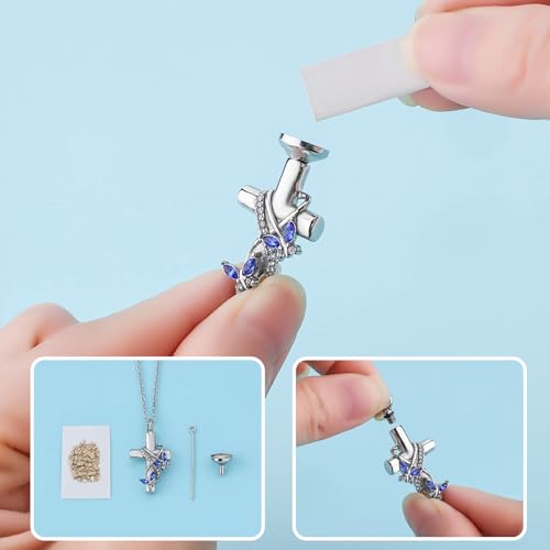 Cremation Jewelry for Ashes Pendant - Butterfly Cross Urn Necklace for Ashes Men Women with Mini Keepsake Urn Memorial Jewelry - color: Silver-Blue