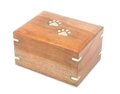 ZIYA Wooden Small Cremation Pet Urn for Dog and Cat Ashes Box | Handmade Wood Memorial Pet Urn | Brass Paws Inlaid | Pet Memorial | Funeral Urns for Pet Ashes | Mini Keepsake | up to 12 Pounds