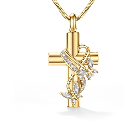 XIUDA Butterfly Cross Urn Necklace for Ashes with Crystal Stainless Steel Cremation Jewelry Memorial Keepsake Ashes Pendant for Human Ashes for Women - color: Gold