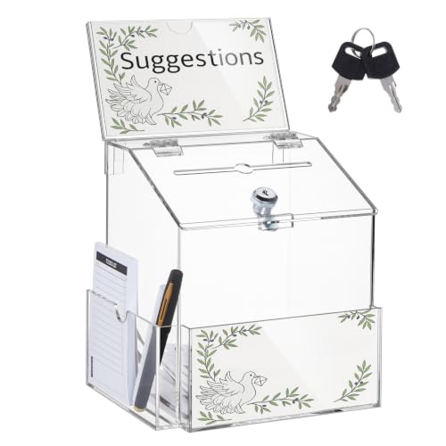 Juexica Suggestion Box, 7.9 x 6.7 x 8.7 Inches Acrylic Clear Donation Box with 2 Slots and Lock, Raffle Jar with Sign Plate, Ballot Prayer for Fundraising Tip Drop, Voting, Charity - color: Clear
