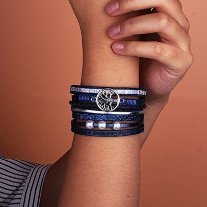 Tree of Life Inspirational Leather Wrap Bracelets Boho Western Cowgirl Cuff - color: Navy Blue