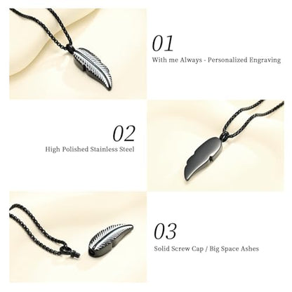 Oinsi Stainless Steel Feather Urn Necklace Hold Cremation Ashes Keepsake Memorial Jewelry +Box+Fill Kits - color: Customize