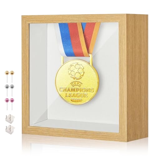 5x5 Smal Shadow Box Frame with Thickened Acrylic Panel & Pins | With Linen Back, Deep 1.2" Wood Shadow Box Display Case – Display on Tabletop or Wall for Insect, Photo, Flower, Keepsakes - color: Wood Color+foam Back+foam Packaging, size: 5x5