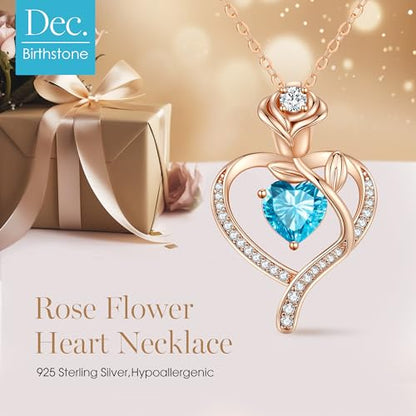 925 Sterling Silver Rose Love Heart Birthstone Necklaces for Women Jewelry | Hypoallergenic Nickel-Free & Lead-Free Pendant,Birthday Anniversary Christmas Gift for Women Wife Mom Girlfriend - color: Rose Gold-12-Dec