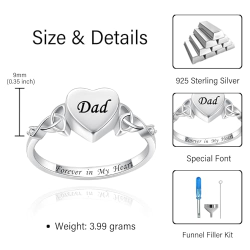 Heart Cremation Ring for Ashes: 925 Sterling Silver Forever in My Heart Carved Urn Keepake Rings Memorial Jewelry for cat and dog - size: 8, style: Dad