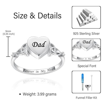 Heart Cremation Ring for Ashes: 925 Sterling Silver Forever in My Heart Carved Urn Keepake Rings Memorial Jewelry for cat and dog - size: 8, style: Dad