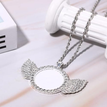 OIDEA Personalized Photo Picture Necklace: Shiny Rhinestones Angel Wings Locket Pendant Chain Necklaces Memorial Jewelry Gifts - color: 1. silver custom