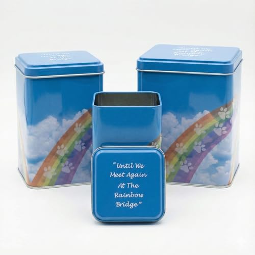 Mainely Urns Rainbow Bridge Pet Urn Set 3-Pack with 22, 55, and 85 Cubic Inch Capacities for Dogs, Cats, and Small Pets in Blue Sky Rainbow Paw Print Design for Ashes up to 70 lbs Before Cremation