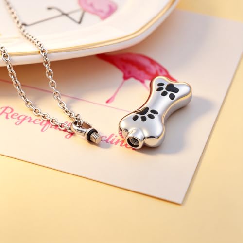 Custom Dog Bone Memorial Pendant Necklace with Paw Print, Stainless Steel Personalized Pet Cremation Jewelry Puppy Animal Urn Pendant Best Friends Friendship Pet Keepsake Gifts Dog Urn Necklace for Ashes for Dog Lovers - color: Silver
