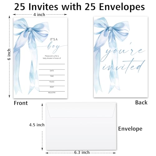 Blue Bow Baby Shower Invitations for Boys, Baby Announcement Invite Cards, 25 Set of Fill-in Baby Shower Invites with Envelopes, Gender Reveal Party Supplies -B04 - color: Blue Bow