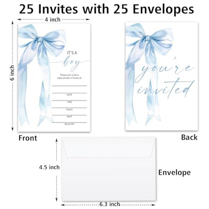 Blue Bow Baby Shower Invitations for Boys, Baby Announcement Invite Cards, 25 Set of Fill-in Baby Shower Invites with Envelopes, Gender Reveal Party Supplies -B04 - color: Blue Bow