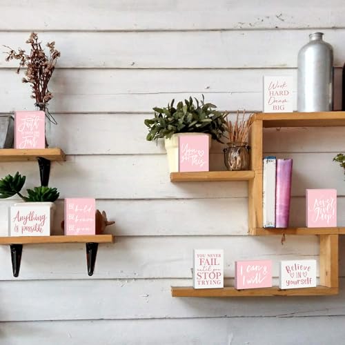 Rossesay 9 Pcs Mini Inspirational Wooden Signs for Desk Table,Pink - color: Pink