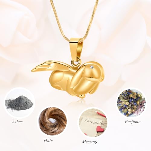 Bunny Rabbit Urn Pendant Necklace - Stainless Steel Cremation Ashes Jewelry for Pets Keepsake Memorial Ashes Locket - color: Gold-A