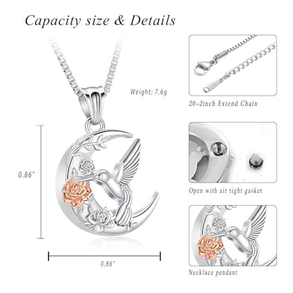XSMZB Hummingbird Urn Necklace for Ashes of Loved One Rose Flower Moon Cremation Jewelry Ashes Holder Keepsake Pendant for Women Men - color: Silver-Rose Gold