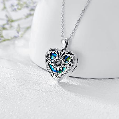 SOULMEET Personalized Silver Locket Necklace That Holds Pictures Photo Keep Someone Near to You, Memorial Custom Lockets Necklaces Letters Engraving for His Her - color: A5-Abalone sunflower-Black, style: Locket Necklace Only