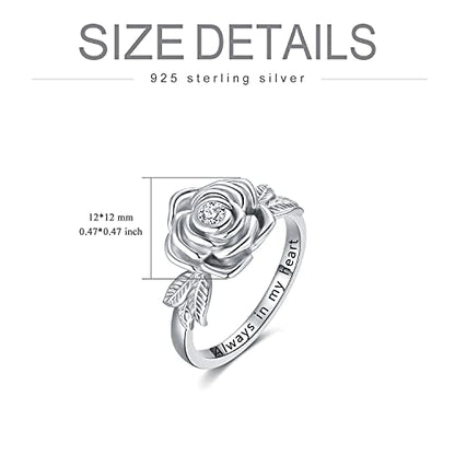 925 Sterling Silver Rose Flower Cremation Urn Ring Holds Loved Ones Ashes Cremation Keepsake Ring Jewelry Embellished with Crystals from Austria - color: Silver-Always in my heart