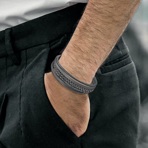 Mens Leather Bracelet with Clasp Cowhide Multi-Layer Braided Leather Mens Bracelet - style: Dim Grey&Black Clasp 8.5