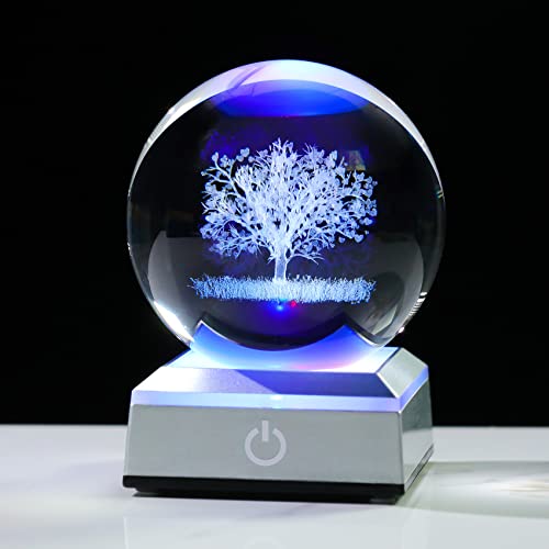 Crystal Ball 3D Engraved Tree of Life with LED Colorful Base 3.15‘’ - color: Tree of Life