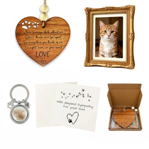 Cat Memorial Gifts for Loss of Cat, Pet Loss Bereavement Gift Box for Family Friend | Mini Gold Magnet Photo Frames for Fridge, Pet Fur Keepsake Keychain, Pet Loss Sympathy Cards, Remembrance Ornament - color: Cat