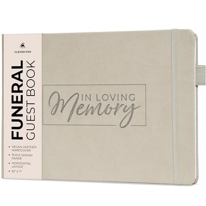 Clever Fox Funeral Guest Book for Memorial Service w/Address, Foggy Alps | 10x7 in, 120 pages, Eco leather hardcover, Personalized celebration of life guestbook, Memory book & condolence register - color: Foggy Alpes
