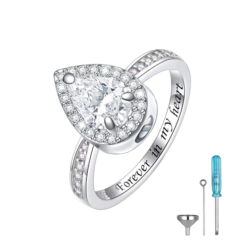 AOBOCO Sterling Silver Heart Birthstone Cremation Ring Holds Loved One's Ashes, Heart Urn Ring for Women, Memorial Keepsake Embellished with Austrian Crystals size 6-9 Adjustable Ring - color: 13-clear-pear size7