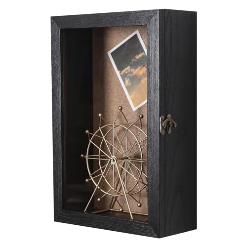 11 x 17 Extra Deep Shadow Box, 5-Inch Exterior Depth, Solid Wood, Black | Solid wood, 4-inch deep interior, hinged door, metal latch; for bouquets, photos, tickets, pet keepsakes and wedding mementos - color: Black