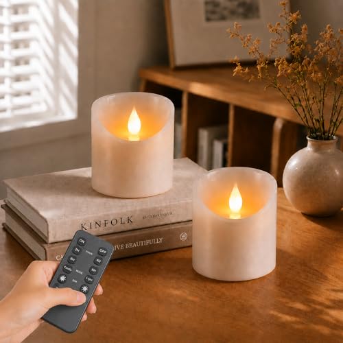 3"x3" Flickering Flameless Candles, Realistic LED Candles, Battery Operated Candles with Remote and Timers, Real Wax Electric Fake Pillar Candles for Festival Wedding Home Party Decor -2Pack - size: 3"X3" 2 pcs