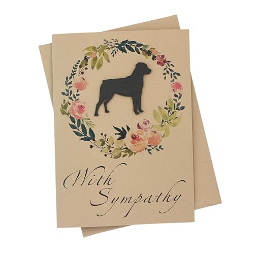 Rottweiler Floral Wreath Sympathy Card | Handmade 5x7 Pet Condolences Greeting | Dog Silhouette Kraft Brown Base Card - color: Kraft Brown, style: Rottweiler