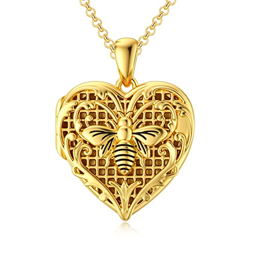 SOULMEET 10K 14K 18K Solid Gold Personalized Sunflower/Starburst/Cross/Rose/Lotus/Butterfly/Turtle/Celtic/Bee Heart Locket Necklace That Holds Picture Gift Choice - style: M-Gold plated bee locket only