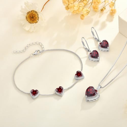 925 Sterling Silver Halo Heart Necklace for Women | Lwsary Love Heart Necklace, Heart Cut Birthstone Jewelry for Her - color: Red