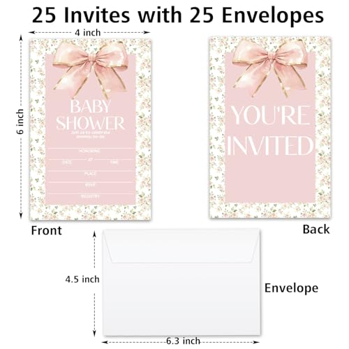 Floral Bow Baby Shower Invitations for Girls, Baby Announcement Invite Cards, 25 Set of Fill-in Baby Shower Invites with Envelopes, Gender Reveal Party Supplies -B01 - color: Floral Bow