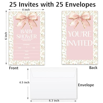 Floral Bow Baby Shower Invitations for Girls, Baby Announcement Invite Cards, 25 Set of Fill-in Baby Shower Invites with Envelopes, Gender Reveal Party Supplies -B01 - color: Floral Bow