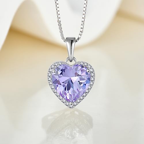 925 Sterling Silver Halo Heart Necklace for Women | Lwsary Love Heart Necklace, Heart Cut Birthstone Jewelry for Her - color: Lavender
