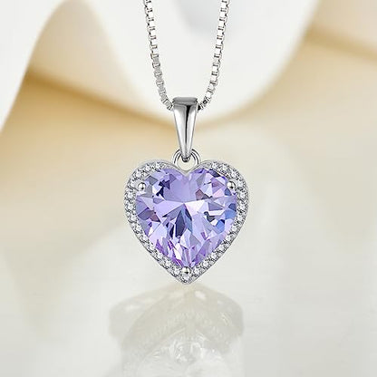 925 Sterling Silver Halo Heart Necklace for Women | Lwsary Love Heart Necklace, Heart Cut Birthstone Jewelry for Her - color: Lavender
