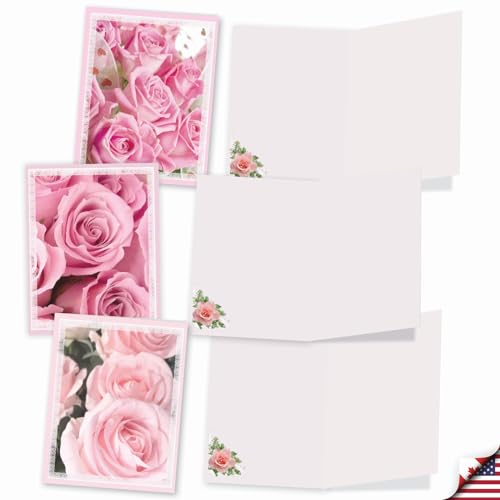 The Best Card Company - 20 Assorted Blank Note Cards Boxed Set 4 x 5.12 Inch with Envelopes (10 Designs, 2 Each) - Pink Roses AM10311OCB-B2x10