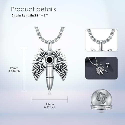SIMONLY Bullet Urn Necklaces for Ashes 925 Sterling Silver Animal/Angel Wings/Pet/Jesus Necklace Bullet Pendant Cremation Jewelry for Men - color: Angel Wings