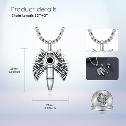 SIMONLY Bullet Urn Necklaces for Ashes 925 Sterling Silver Animal/Angel Wings/Pet/Jesus Necklace Bullet Pendant Cremation Jewelry for Men - color: Angel Wings