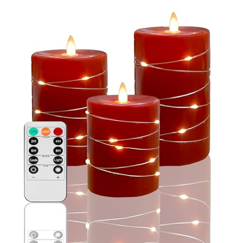 Red Flameless Candles with String Lights Battery Operated LED Pillar Candles 4‘’ 5‘’ 6‘’ Candle with Remote Control,Fake Candle Set of 3 for Christmas or Special Festivals Decorations - size: Red - 3 Pack