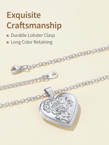 FindChic Locket Necklace for Women Custom Photo Memorial Gifts Multi-Shaped - color: Silver-Embossed Heart
