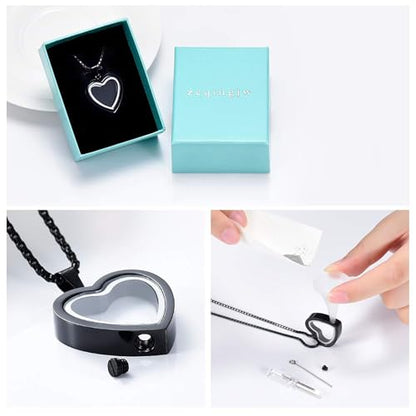 zeqingjw Glass Cremation Jewelry Necklace for Ashes Heart Memorial Lockets for Ashes Stainless Steel Keepsake Urn Ashes Pendants - color: Black