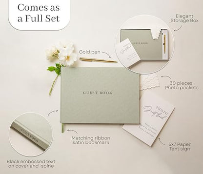 Real Linen Guest Book Set - 11.5 x 8.5 Embossed Guestbook for Weddings, Showers, Events, Blank & Lined, Comes with Sign, Pen, Box and Photo Sleeves, 120 Pages (Leaf) - color: Leaf