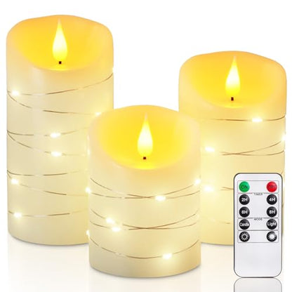 Homemory Flameless Candles with String Lights, 3 Pack Embedded Fairy String Lights LED Candles, Electric Flickering Candles with Remote Control and Timer, Real Wax, Ivory White - color: Ivory