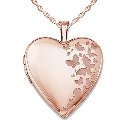 PicturesOnGold.com Personalized Heart Shaped Butterflies Photo Locket Necklace - 3/4 inch x 3/4 inch - Includes 18 inch Chain - Custom Engraved Picture Locket Necklace for Women - style: Rose Gold - Locket + 1 Photo + Engraving