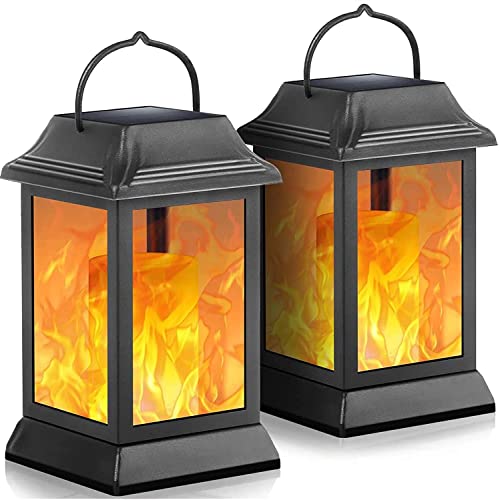 TomCare Flickering Flame Solar Lights Outdoor Metal Hanging Lantern, 2 Pack - size: 2 Pack, style: Elegant-Black