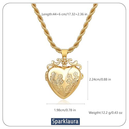 Gold Locket Necklace for Women Vintage, Heart Star Moon Butterfly Angel Holds Picture Photo Oval Locket Pendant Memorial Necklace Personalized Celestial Jewelry Birthday Gifts - style: Flower Heart