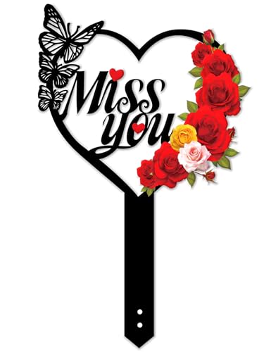"Miss You" Memorial Plaque with Heart, Metal Cemetery Decorations for Grave Marker Stake, Butterflies & Flowers, Weatherproof Cemetery & Garden Decor, Neutral Memorial Gift for Loss of Loved Ones - style: "Miss You" Memorial Plaque