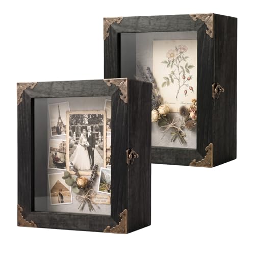 2PCS Deep Shadow Box Frame 8x10, 4.7" Depth Rustic Wood Memory Box | Deep 4.7" Display Case, Acrylic Door Keepsake Box, Collectible Showcase, Wedding Anniversary, Home Wall Decor