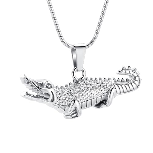 Crocodile Urn Necklace for Ashes Animal Cremation Jewelry for Men Women Stainless Steel Memorial Necklaces Ash Holder for Human Pets Keepsake Jewelry of Loved Ones with Fill Tool - color: Silver