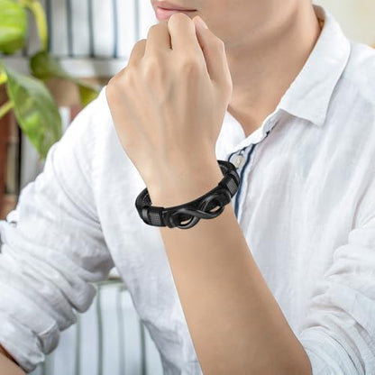 Urn Bracelet for Ashes With Leather Cremation Bracelet Stainless Steel Keepsake Cuff Bangle for Men Gifts With Funnel Kit & Bag - color: Black-22cm