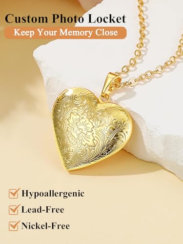 Custom4U Personalized Heart Locket Necklace with Pictures,Sunflower/Angel Wings/Heart Shaped Lockets Custom Photo,Gold/Rose Gold/White Lockets That Holds Picture,Customized Memorial Jewelry for Women - color: A-Heart-Gold(Locket + Photo)